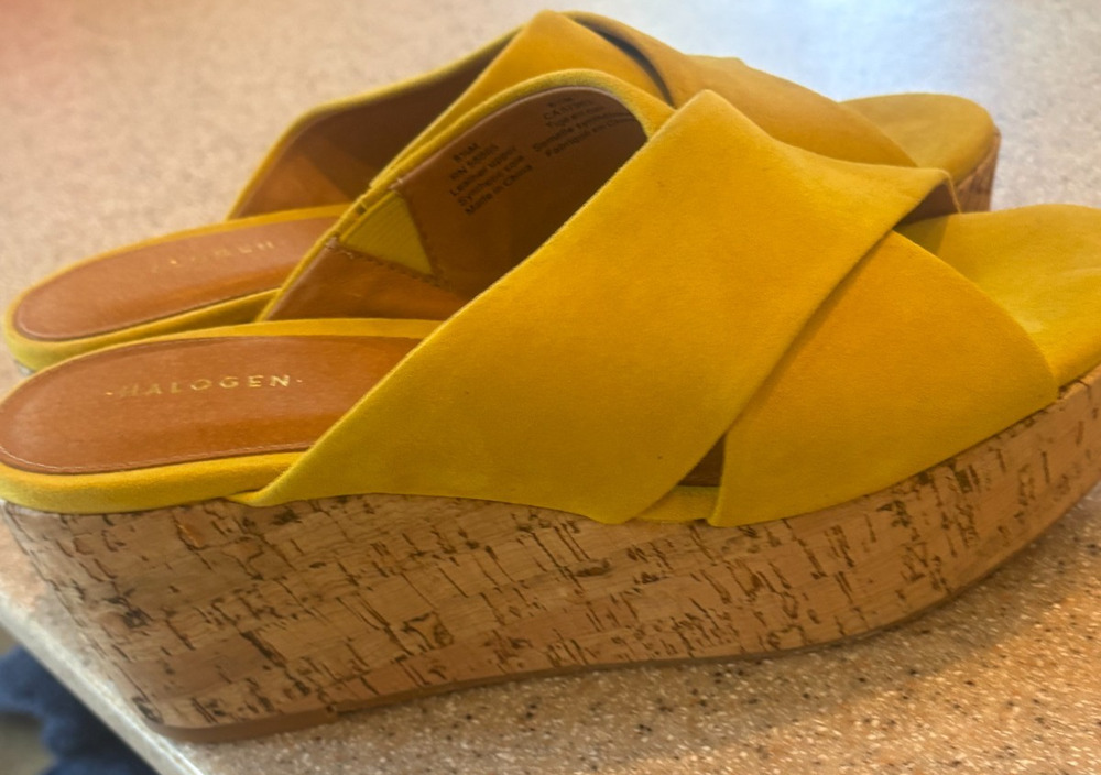 Halogen Women's Yellow Suede Crossover Mule Wedge Sandals Size 8.5